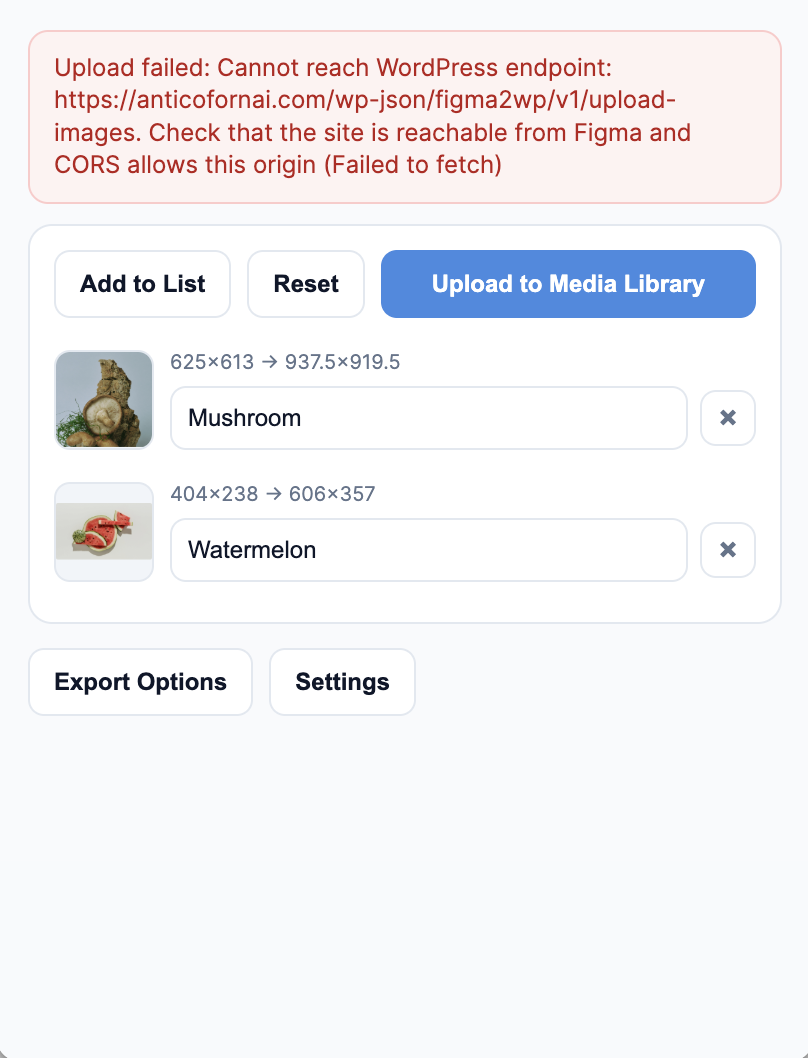 Upload failed because plugin cannot reach WordPress endpoint